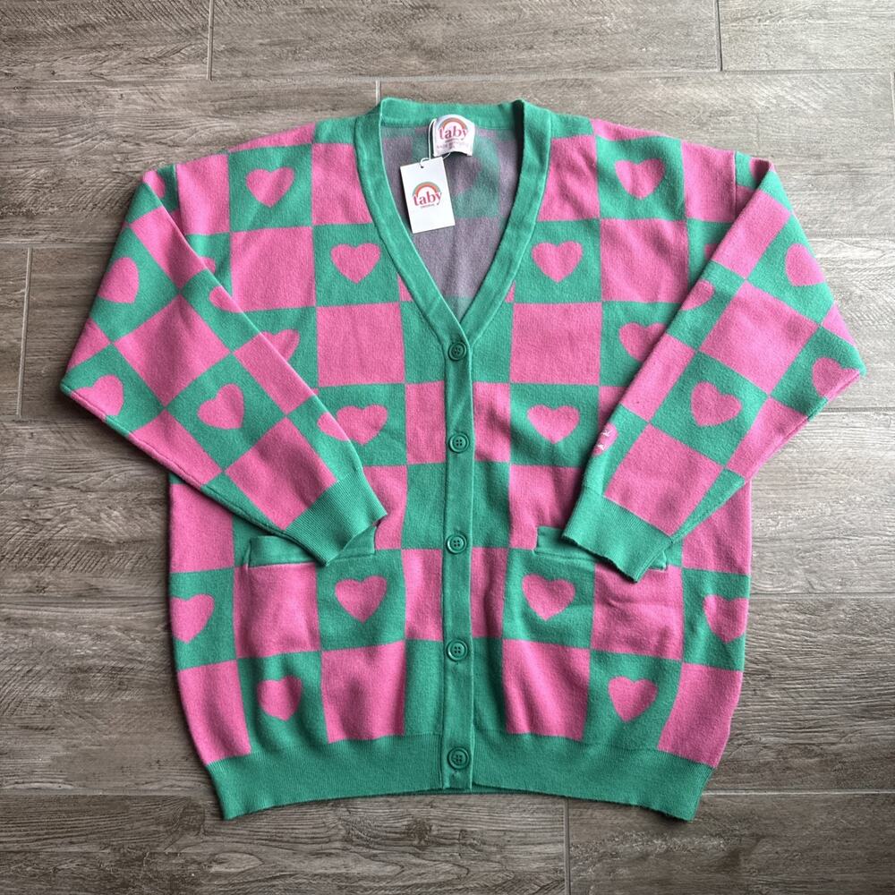 Taby Original Boutique Green And Pink Checkered Front Button Cardigan Soft M/L